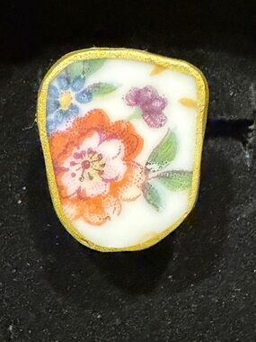 Handmade broken china Floral Enamel Statement Ring - Pink, Orange & Green